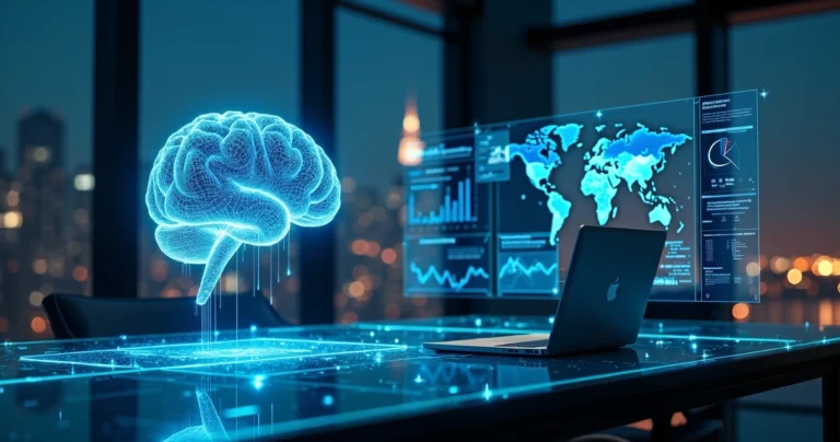 Cérebro digital azul integrado a painel de dados em ambiente corporativo moderno
