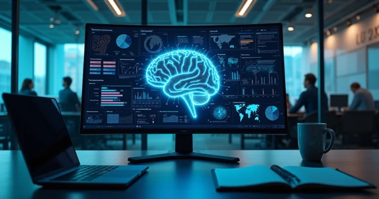 Painel digital com cérebro artificial e gráficos representando machine learning em negócios