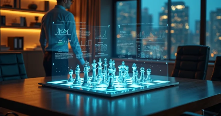 Profissional estrategista analisando peças de xadrez com gráficos estatísticos sobrepostos