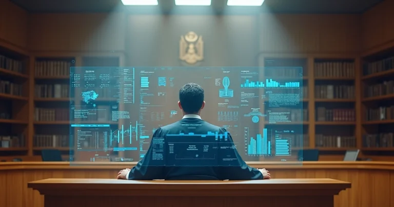 Juiz diante de tela digital com dados jurídicos no tribunal