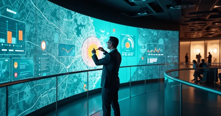 Executivo analisando mapa de calor de bairros em painel digital gigante