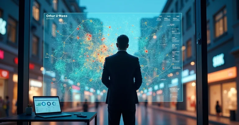 Gestor analisando fachada de lojas em frente a grande mapa digital de concorrentes