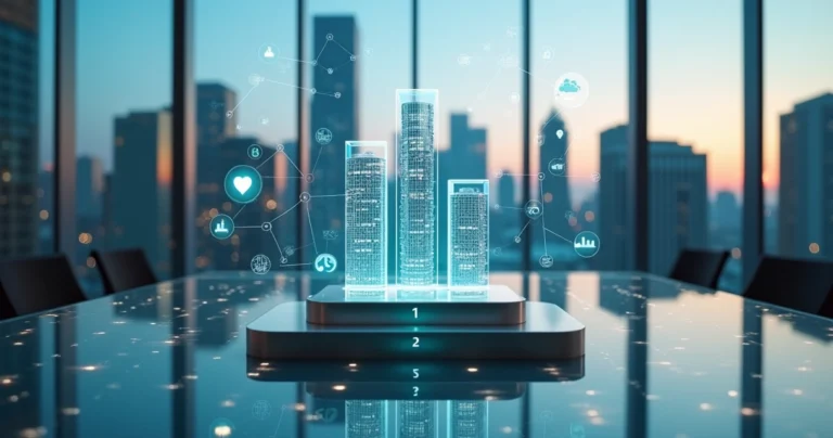 Pódio de ranking corporativo com prédios representando empresas cercados por ícones de reputação e dados