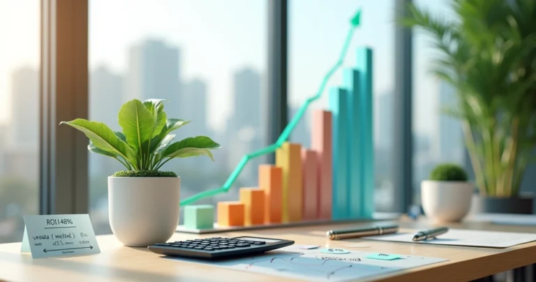 Gráfico colorido de ROI em vendas em formato de planta crescendo sobre mesa de trabalho