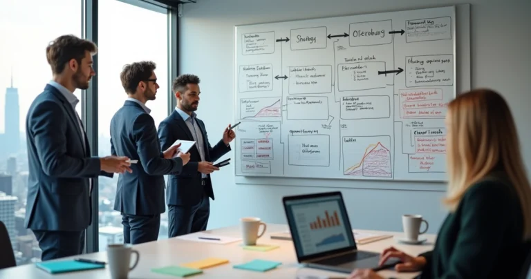 Profissionais analisando quadro branco cheio de dados e etapas de funil de vendas.