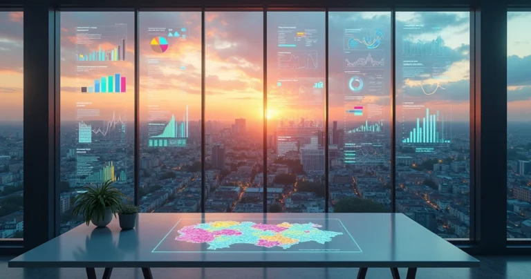 Painel de sociodemografia com vista aérea de cidade e gráficos coloridos