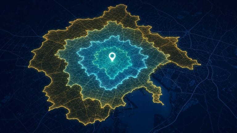 Mapa de isocrona com polígonos concêntricos em teal representando zonas de tempo de deslocamento na análise territorial com geomarketing